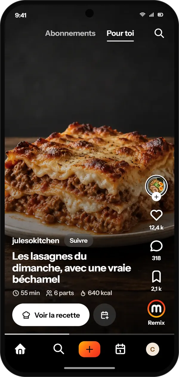 The For you screen: a lasagne full screen, with “See the recipe”.
