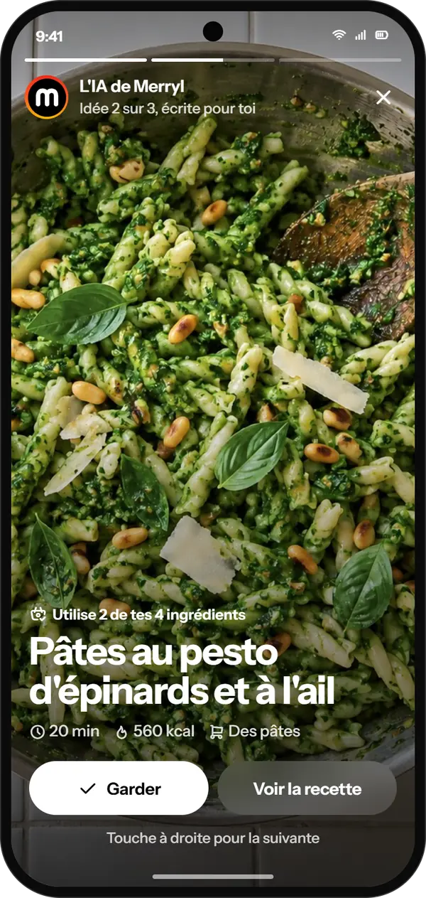 An AI idea as a story: spinach and garlic pesto pasta.