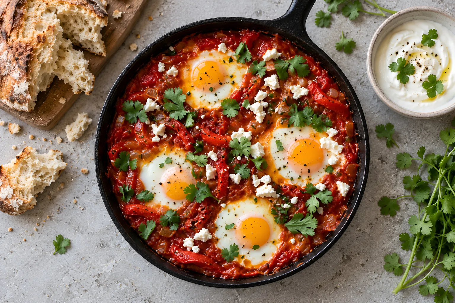 A shakshuka in its cast-iron pan