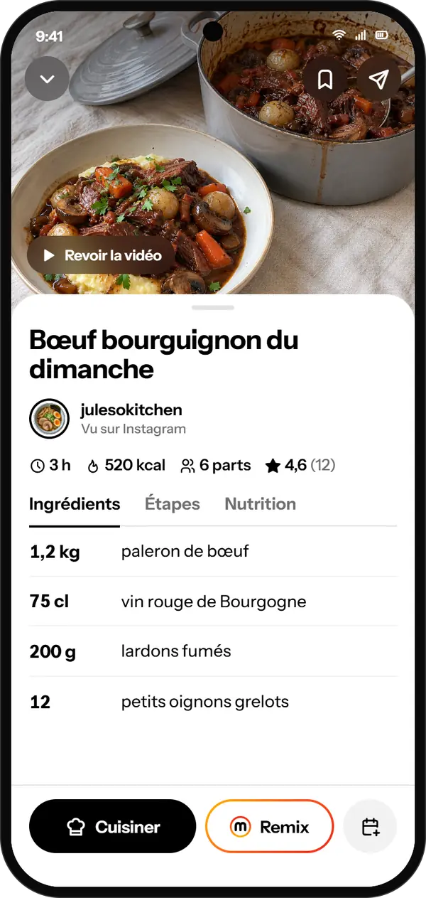 A beef bourguignon recipe: its creator credited, the time, the servings and the ingredients.