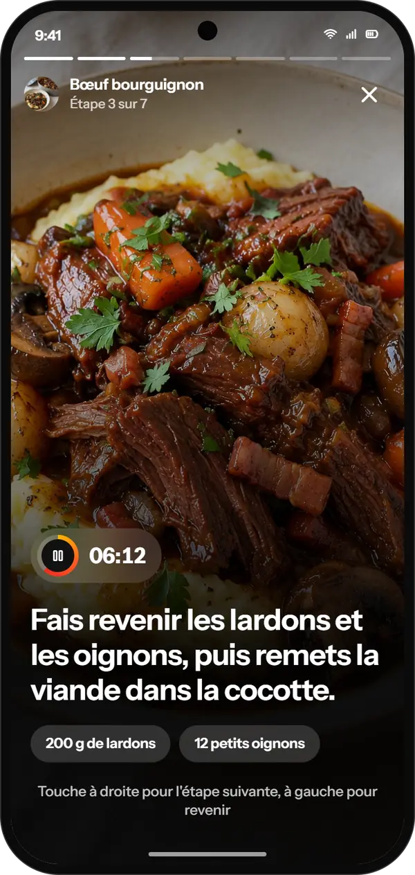Cooking mode: one step in large type, with a timer.