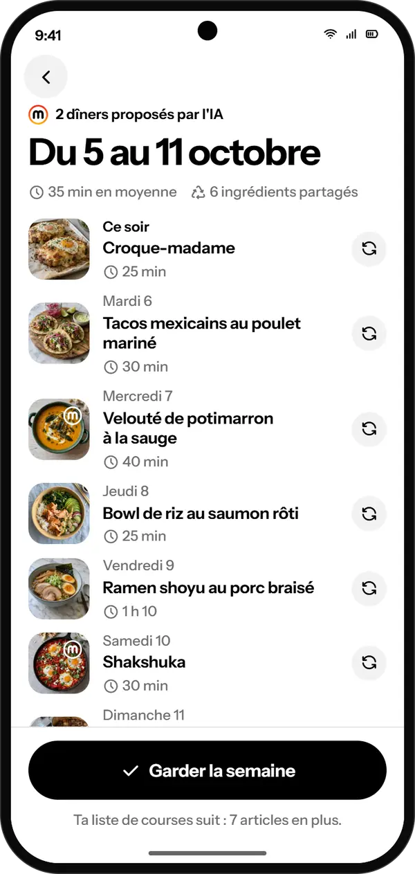 The week of 5 to 11 October: one dinner per evening, each one replaceable.