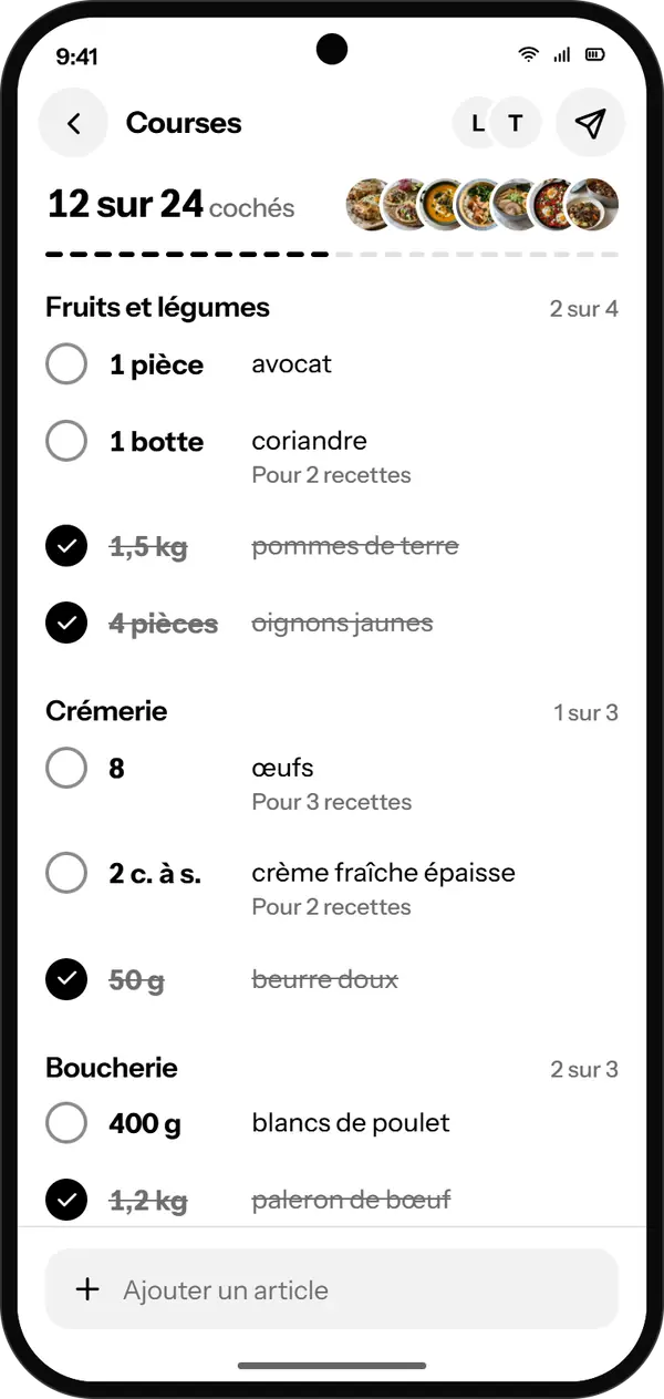 The shared grocery list: 12 items ticked out of 24, sorted by aisle.